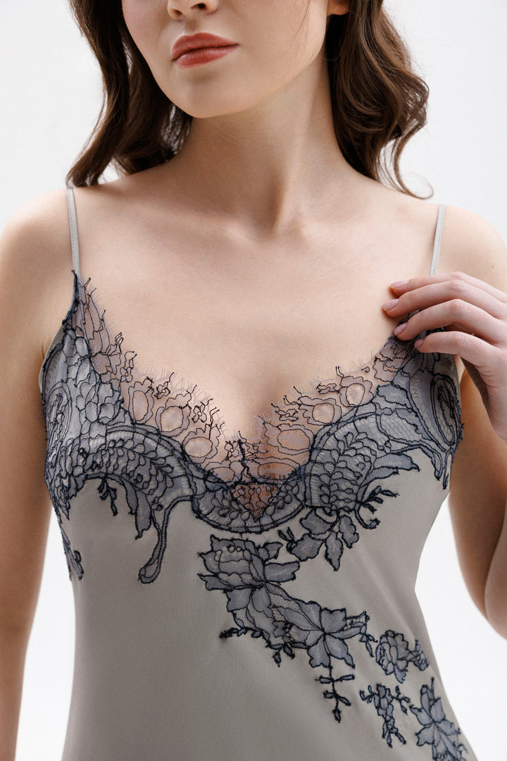 Long Silk Slip Dress in Grey with Anthracite Leavers Lace