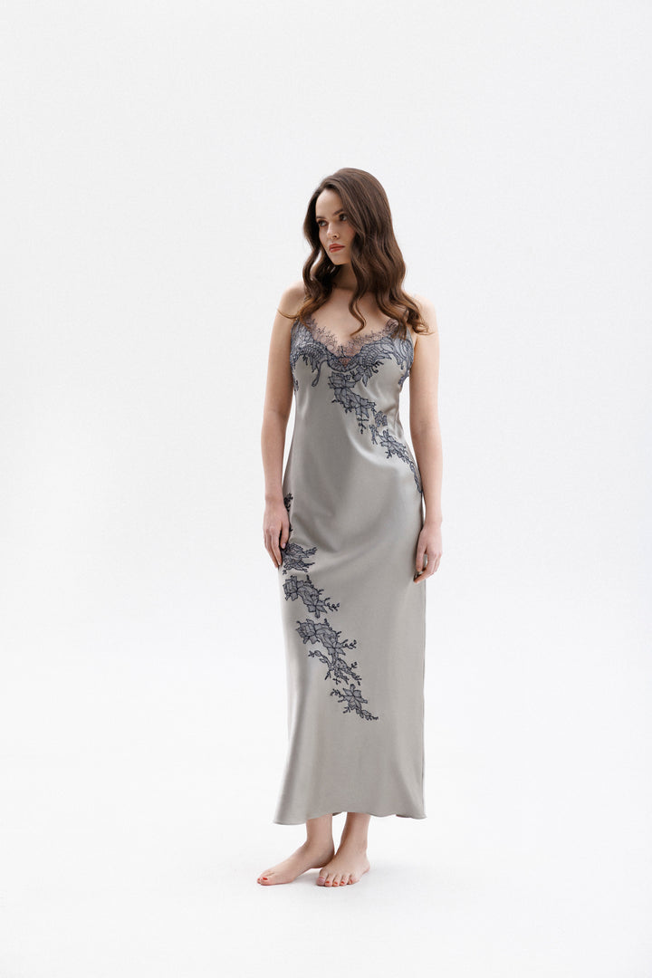 Long Silk Slip Dress in Grey with Anthracite Leavers Lace