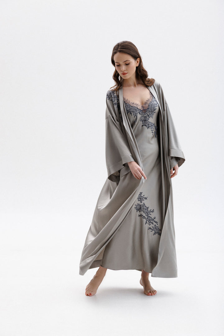 Long Silk Slip Dress in Grey with Anthracite Leavers Lace