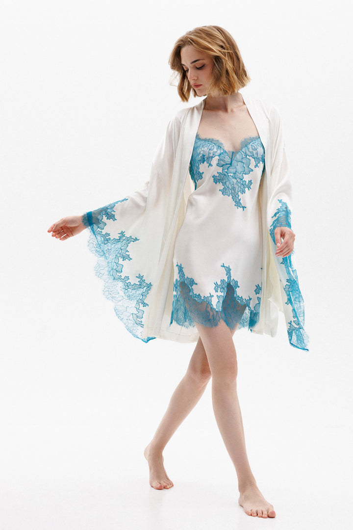 Short Silk Sleep Dress in Ivory with Turquoise Leavers Lace