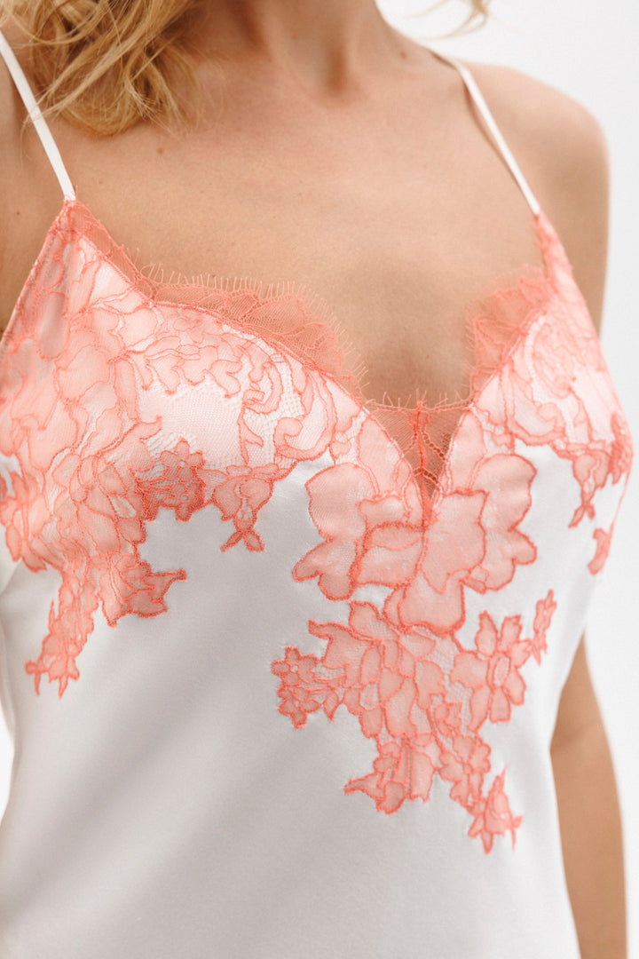 Short Silk Slip Dress in Ivory with Coral Leavers Lace