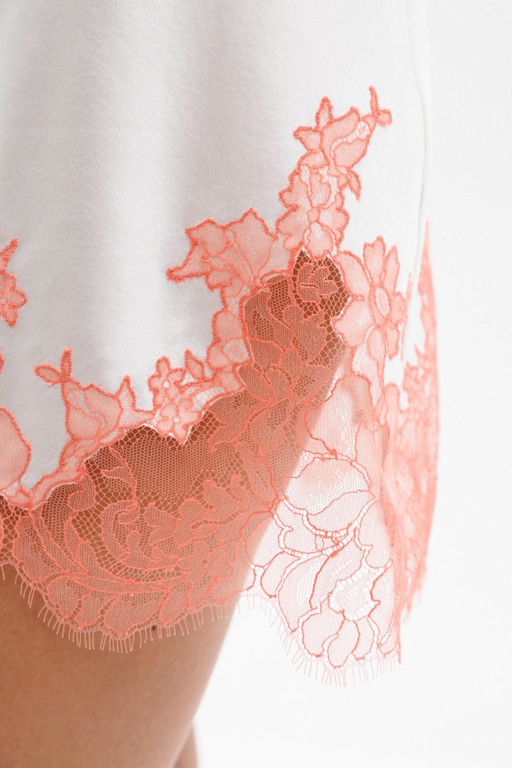 Short Silk Slip Dress in Ivory with Coral Leavers Lace
