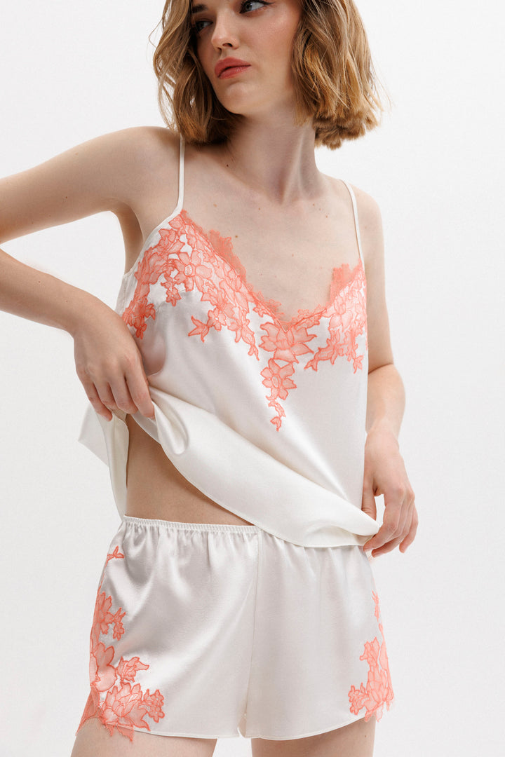 Fluette Comisole and shorts Set in Ivory with Coral Leavers Lace