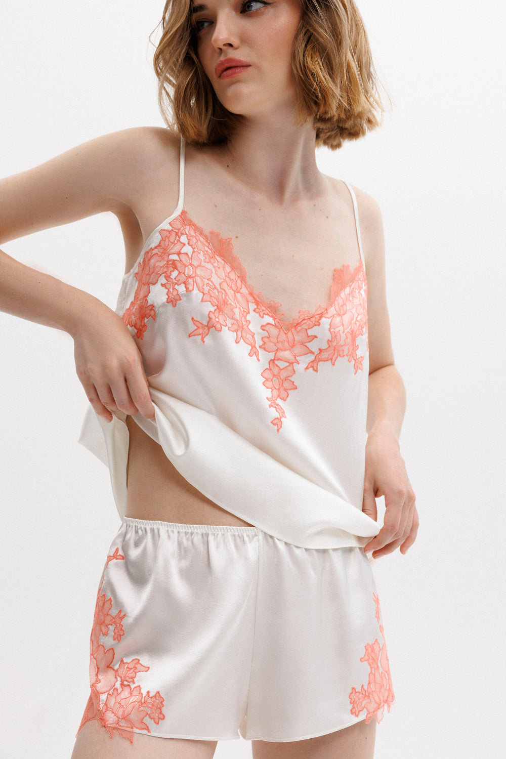 Fluette Comisole and shorts Set in Ivory with Coral Leavers Lace
