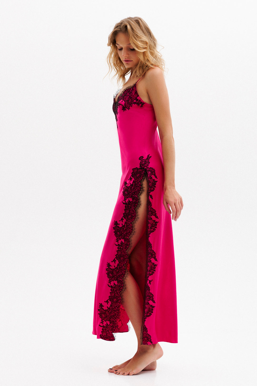 Veloura Long Silk Slip Dress in Fuchsia with Black Caudry Lace XL Veloura Long Silk Slip Dress in Fuchsia with Black Caudry Lace XL