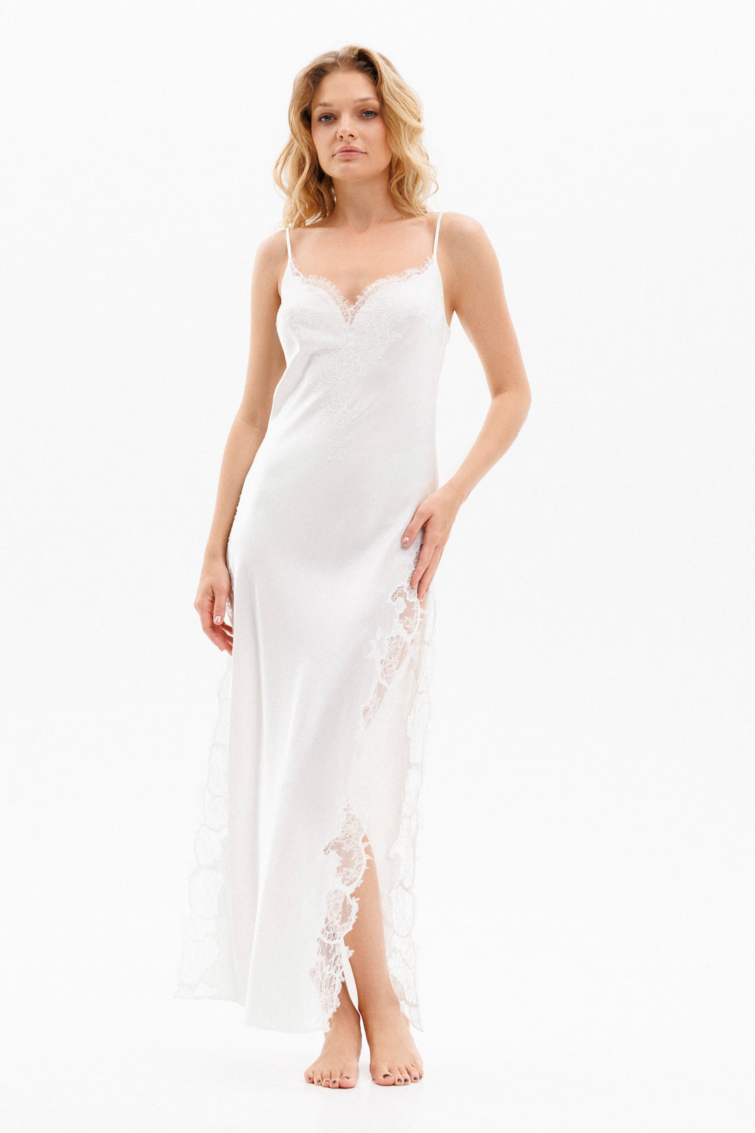 Veloura Long Silk Slip Dress in Ivory with Ivory Caudry Lace S Veloura Long Silk Slip Dress in Ivory with Ivory Caudry Lace S