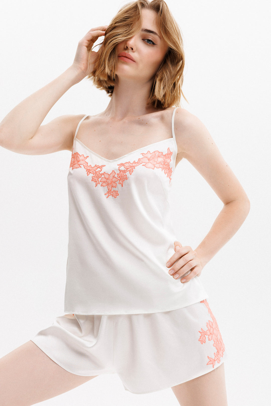 Celeste Comisole and shorts Set in Ivory with Coral Leavers Lace