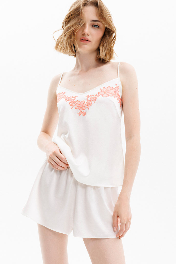 Celeste Comisole and shorts Set in Ivory with Coral Leavers Lace