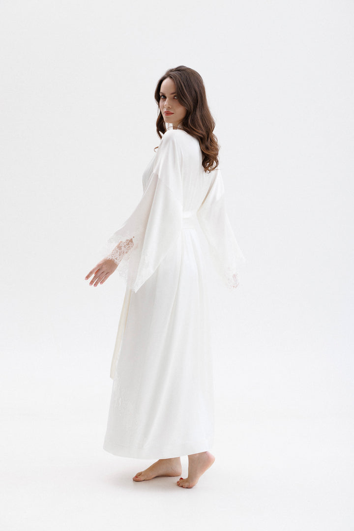 Long Silk Kimono in Ivory with Ivory Caudry Lace