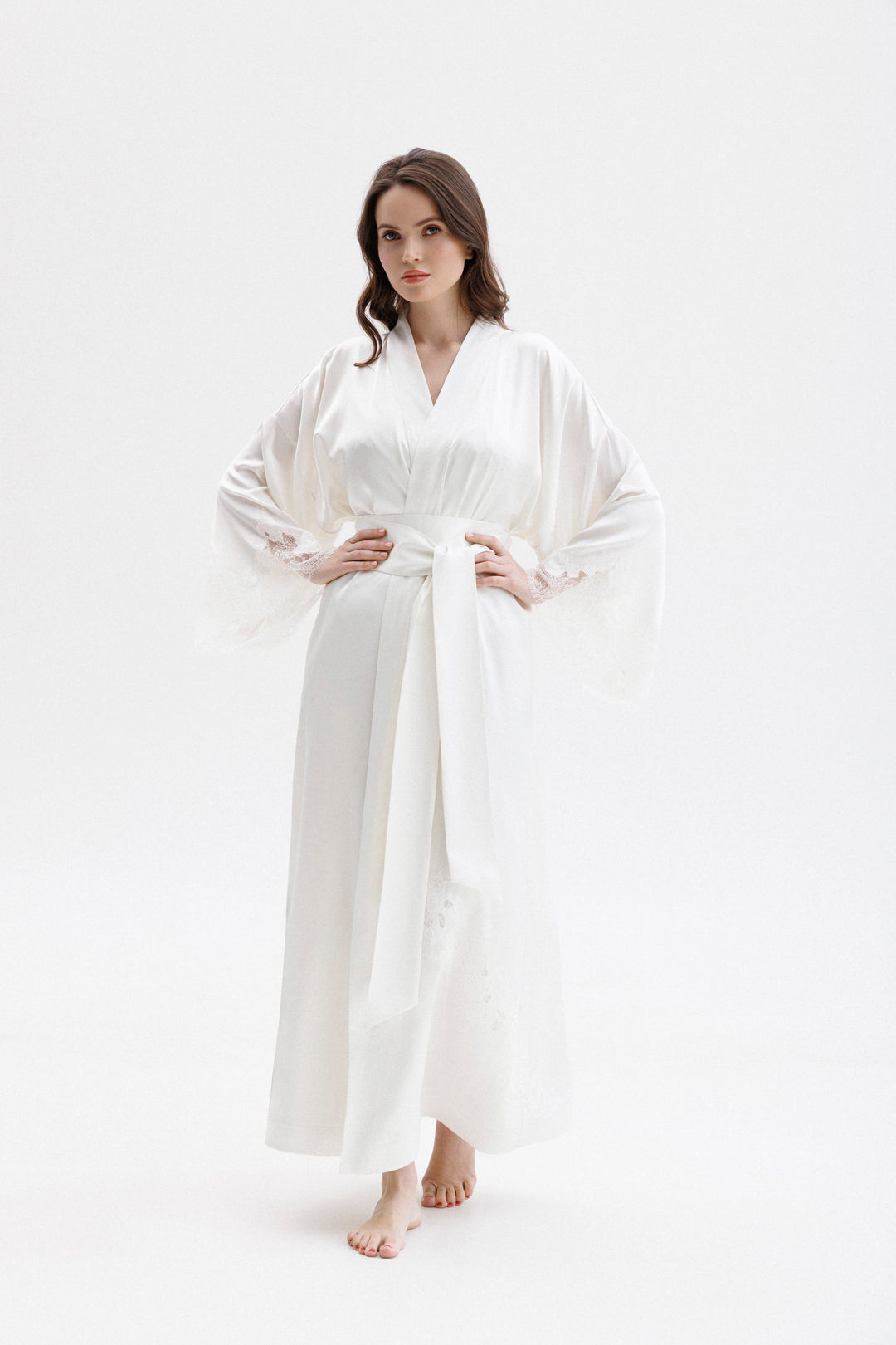 Long Silk Kimono in Ivory with Ivory Caudry Lace