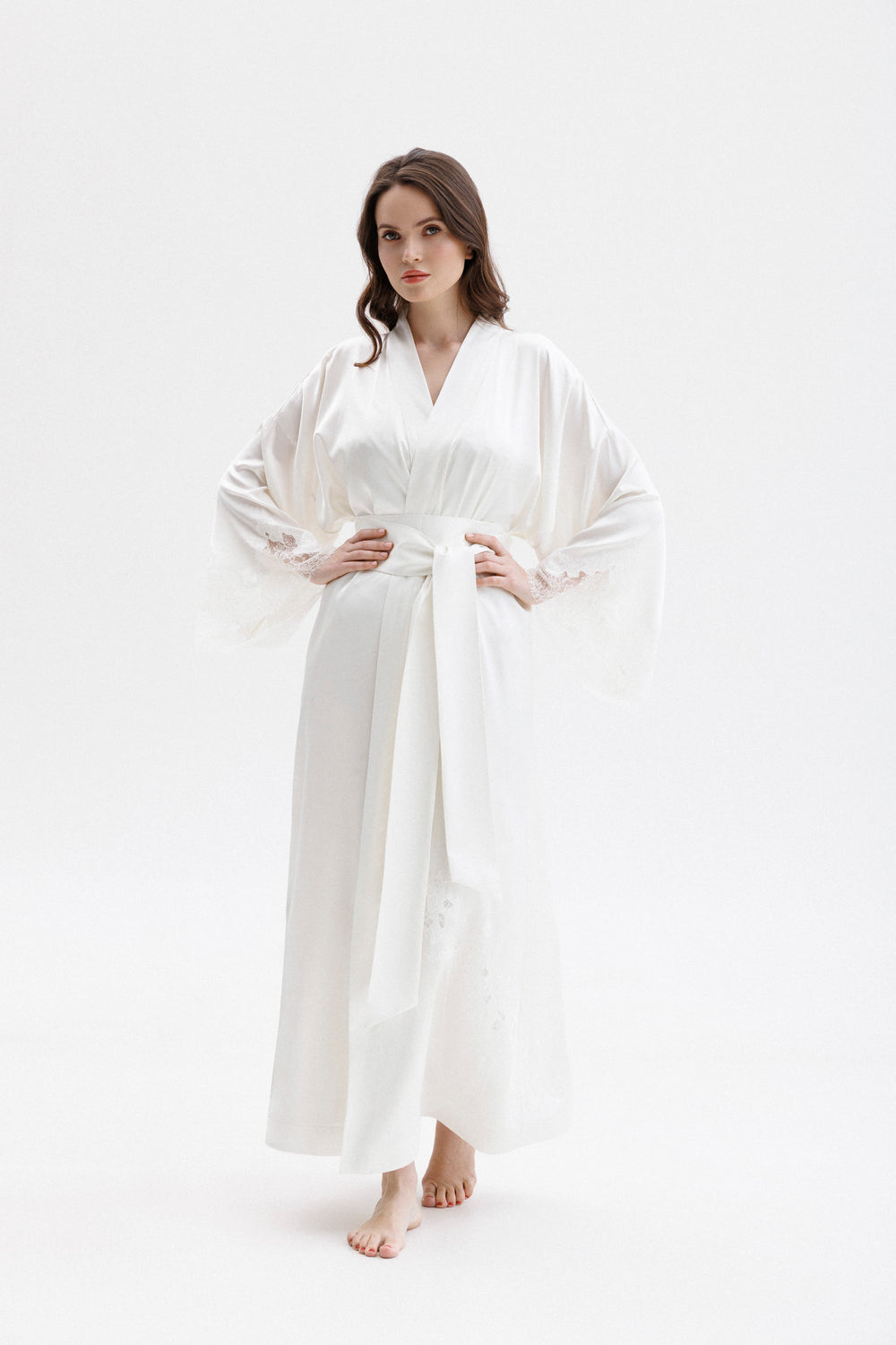 Long Silk Kimono in Ivory with Ivory Caudry Lace