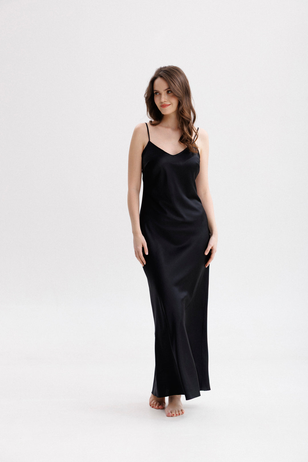 Long Silk Slip Dress in Black