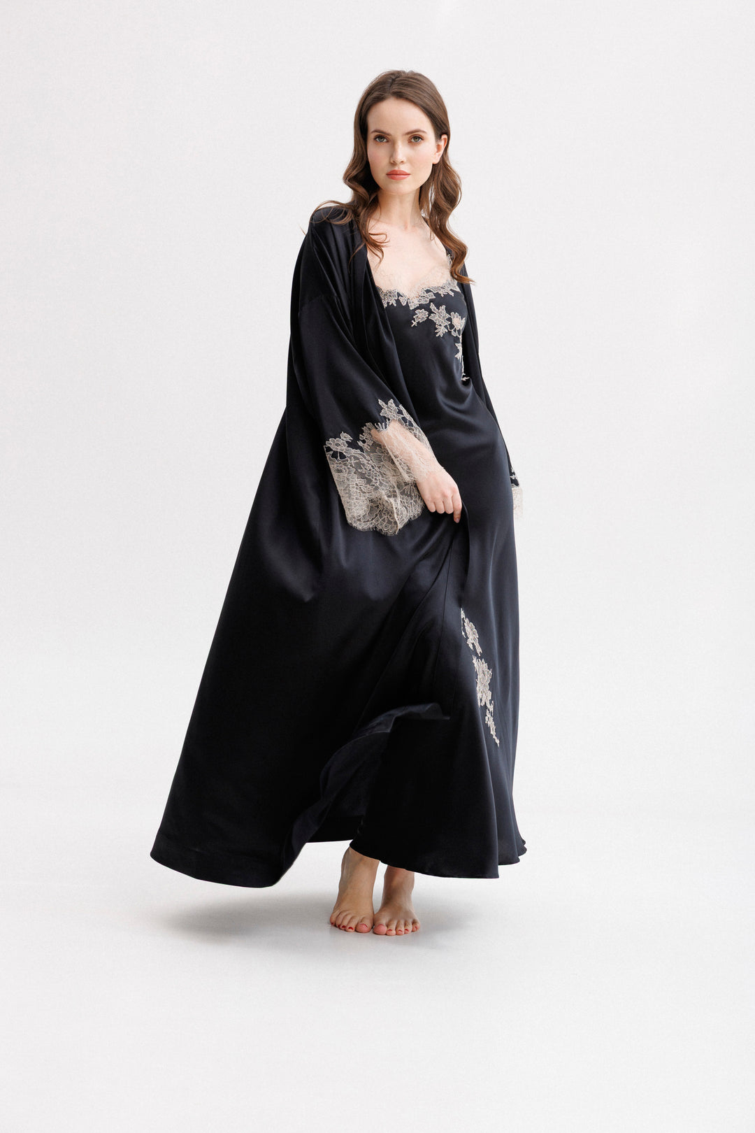 Long Silk Slip Dress in Black with Nude Caudry Lace