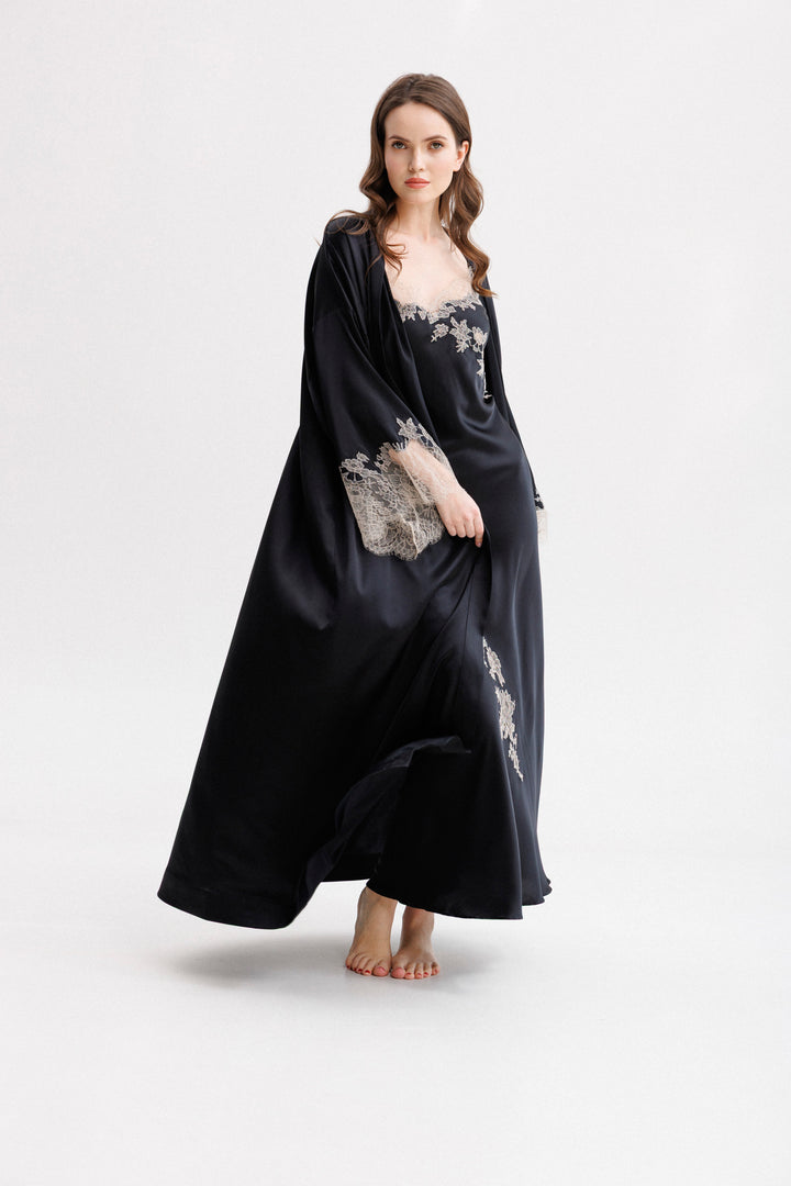 Long Silk Slip Dress in Black with Nude Caudry Lace