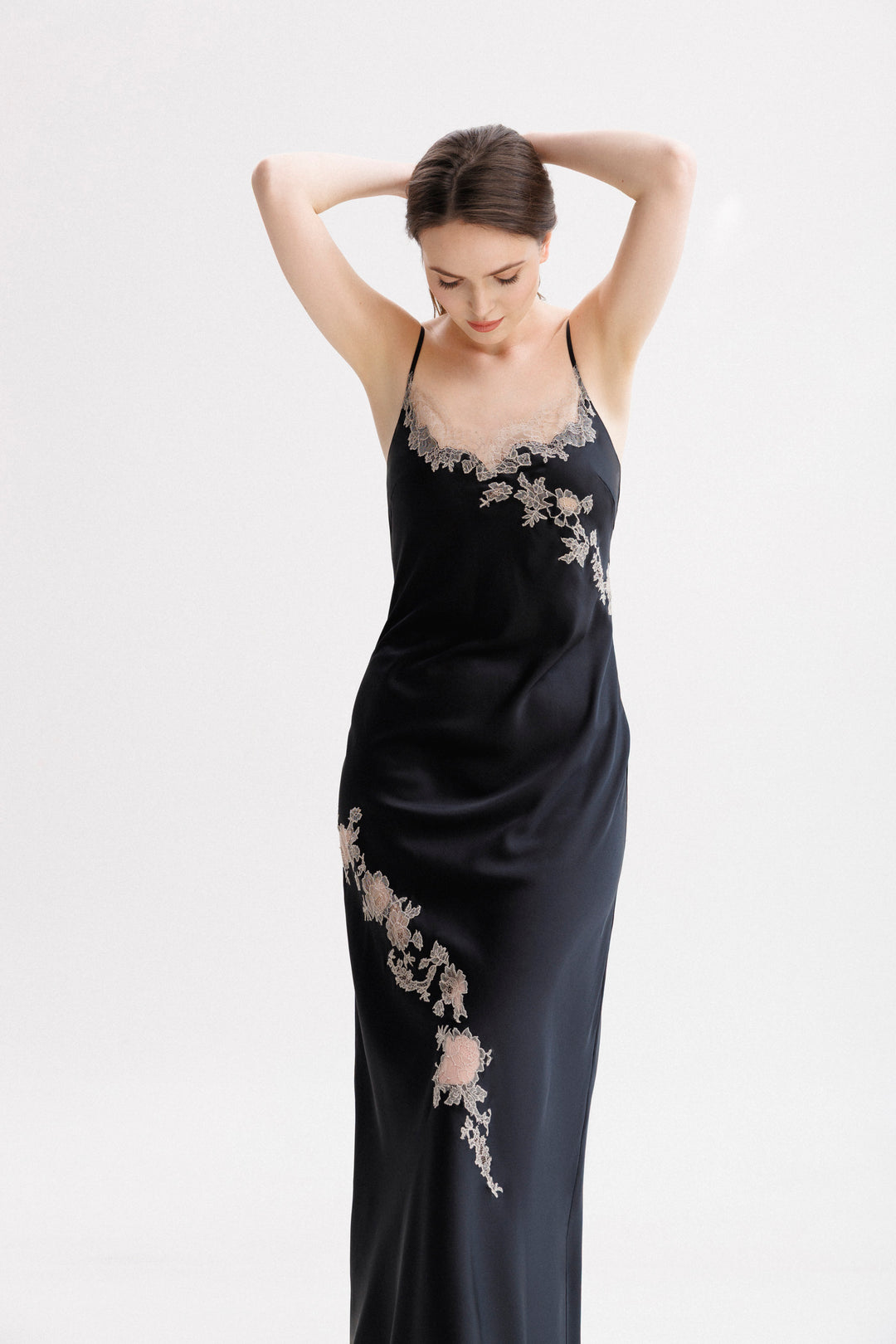 Long Silk Slip Dress in Black with Nude Caudry Lace VIMISSIA Long Silk Slip Dress in Black with Nude Caudry Lace VIMISSIA