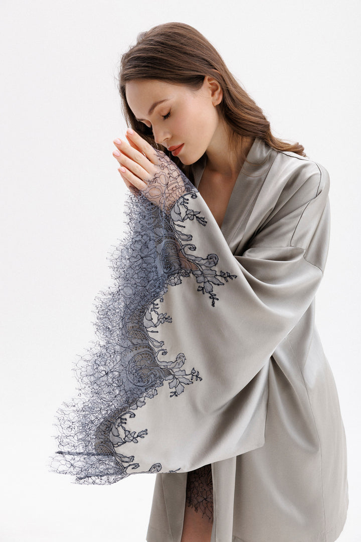 Short Silk Kimono in Grey with Anthracite  Leavers Lace