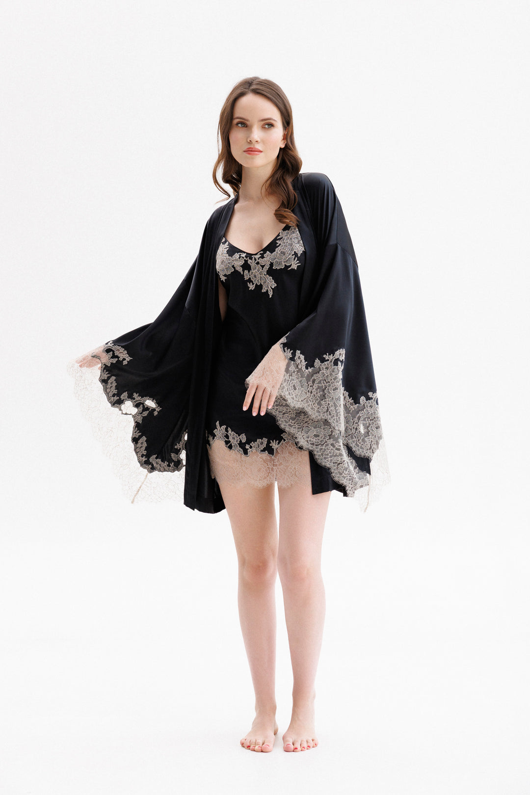 Short Silk Slip Dress in Black with Nude Caudry Lace L Short Silk Slip Dress in Black with Nude Caudry Lace L