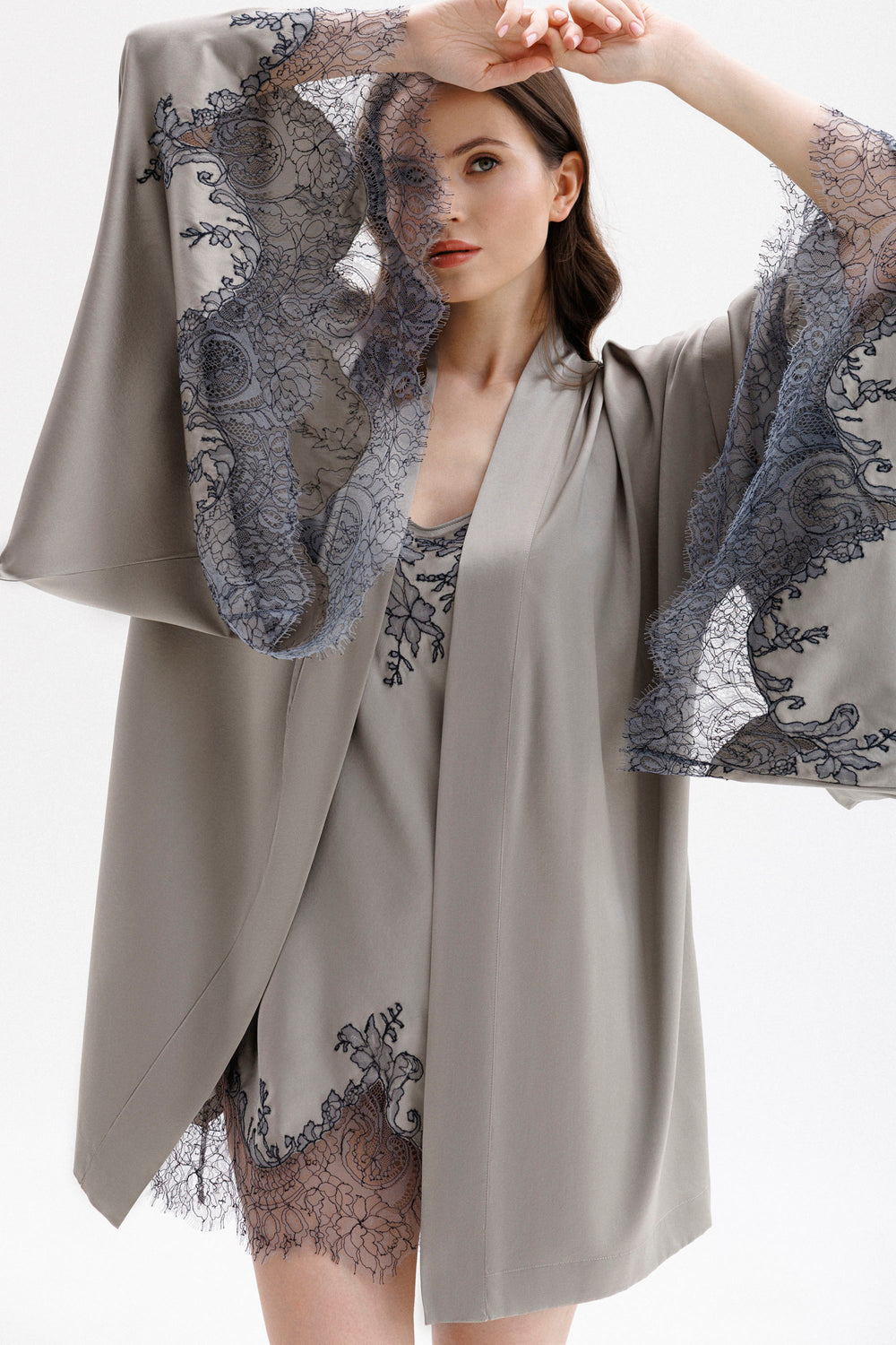 short grey lace dress Grey Short Vintage Lace Homecoming Dress with Long Sleeves