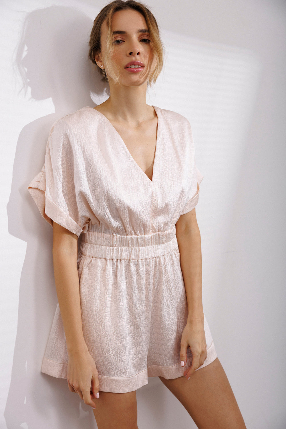 Bubble Silk Romper in Powder