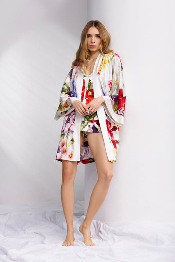 Wild Bloom Short Robe in White